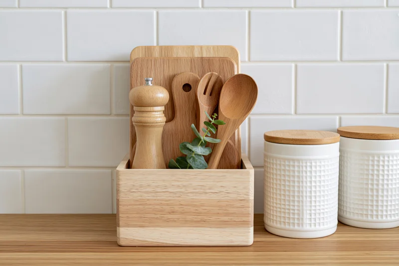 Wooden kitchen organizer holding cutting boards, spoons, pepper grinder and eucalyptus on countertop