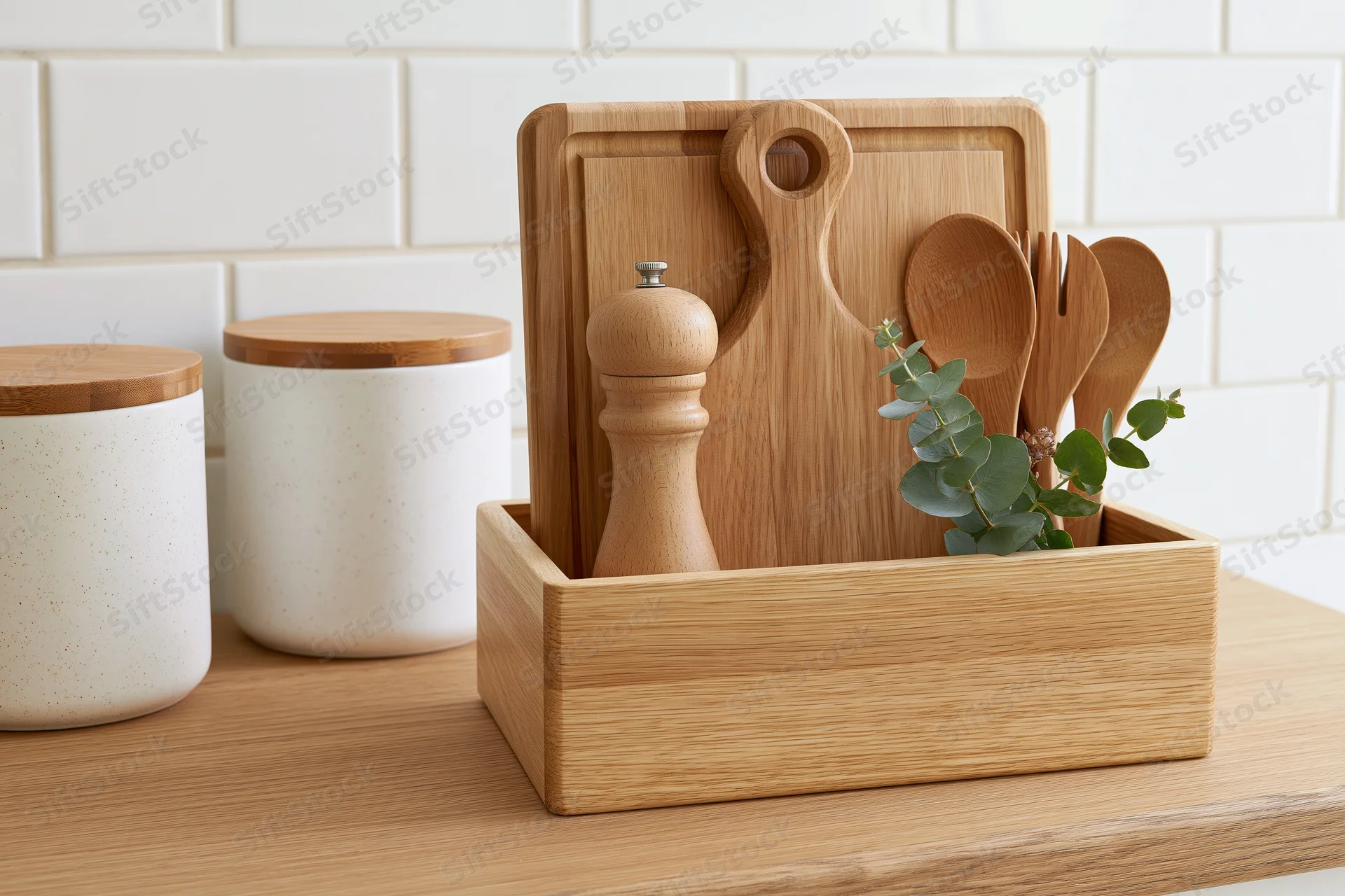 Wooden kitchen organizer holding cutting boards, utensils, and a pepper grinder on a countertop