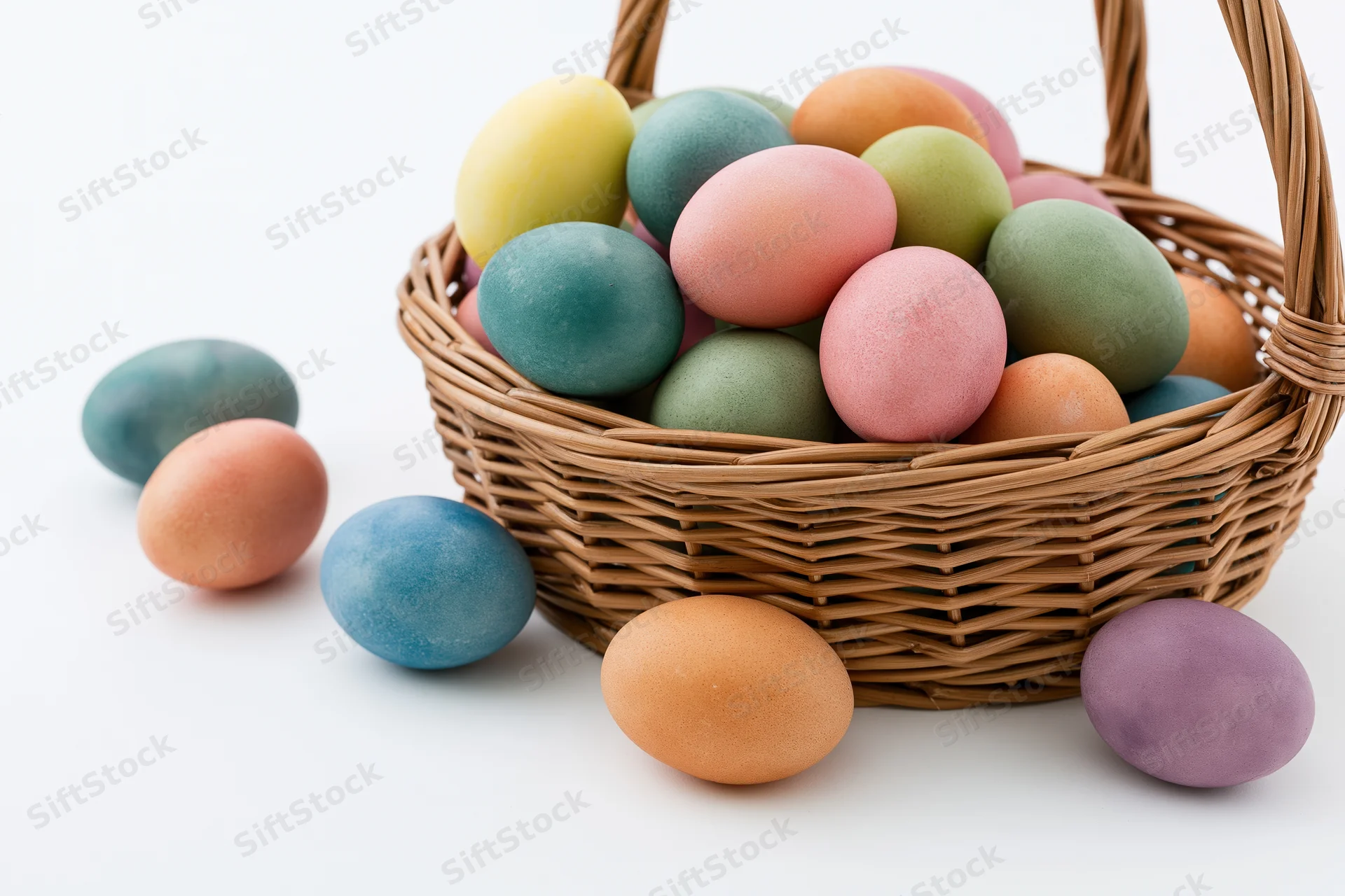Dyed easter eggs in a woven wicker basket on white background with scattered eggs around