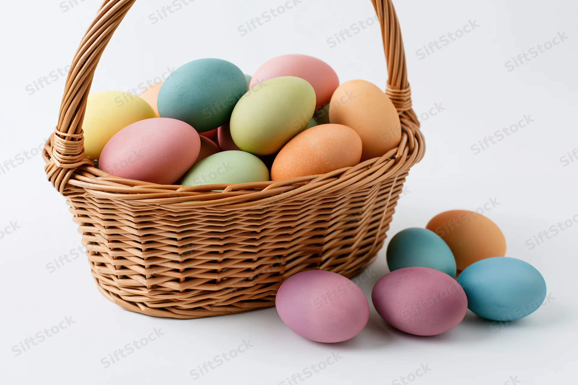 Wicker basket filled with pastel dyed easter eggs on white background