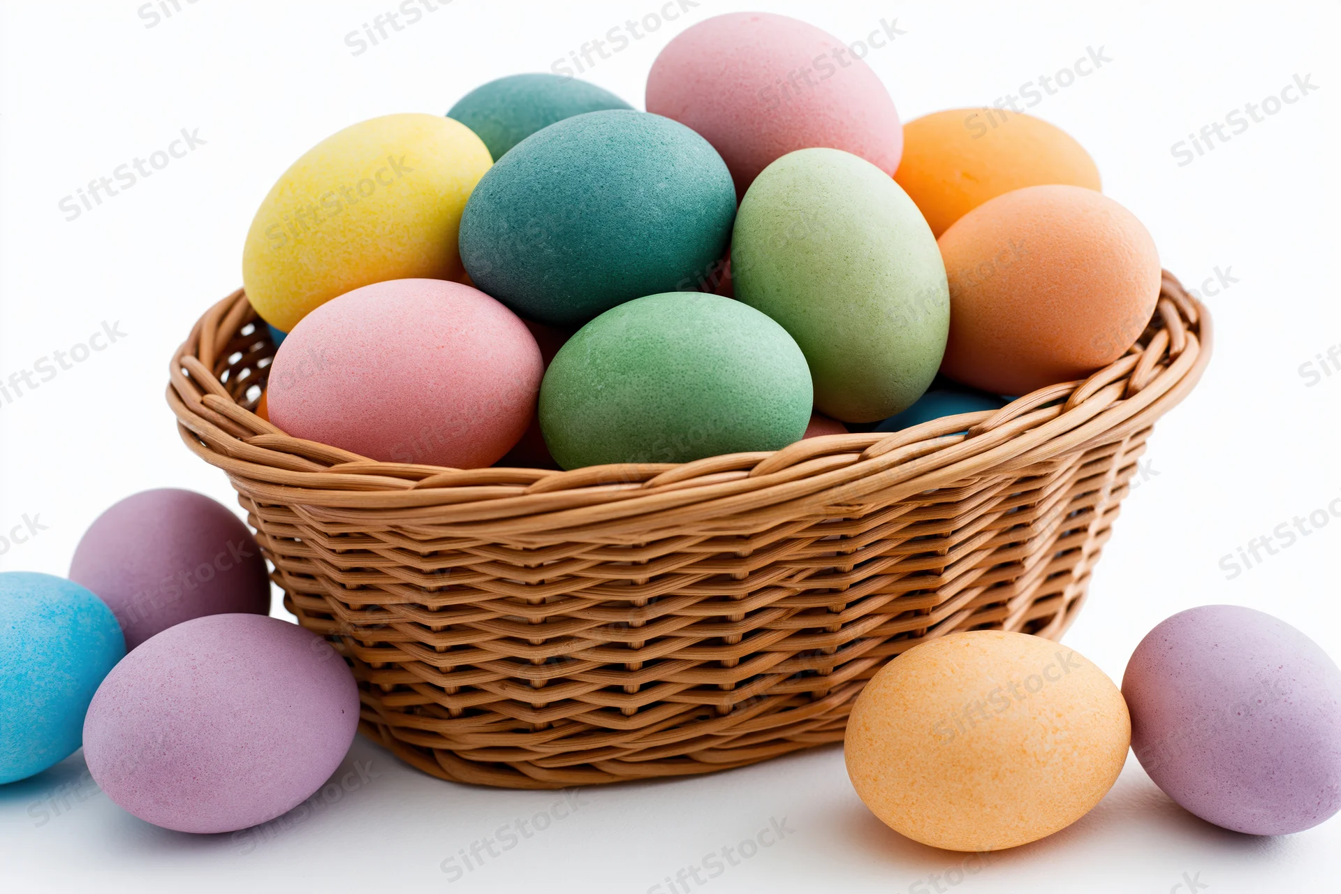 Woven wicker basket filled with dyed pastel easter eggs on white background