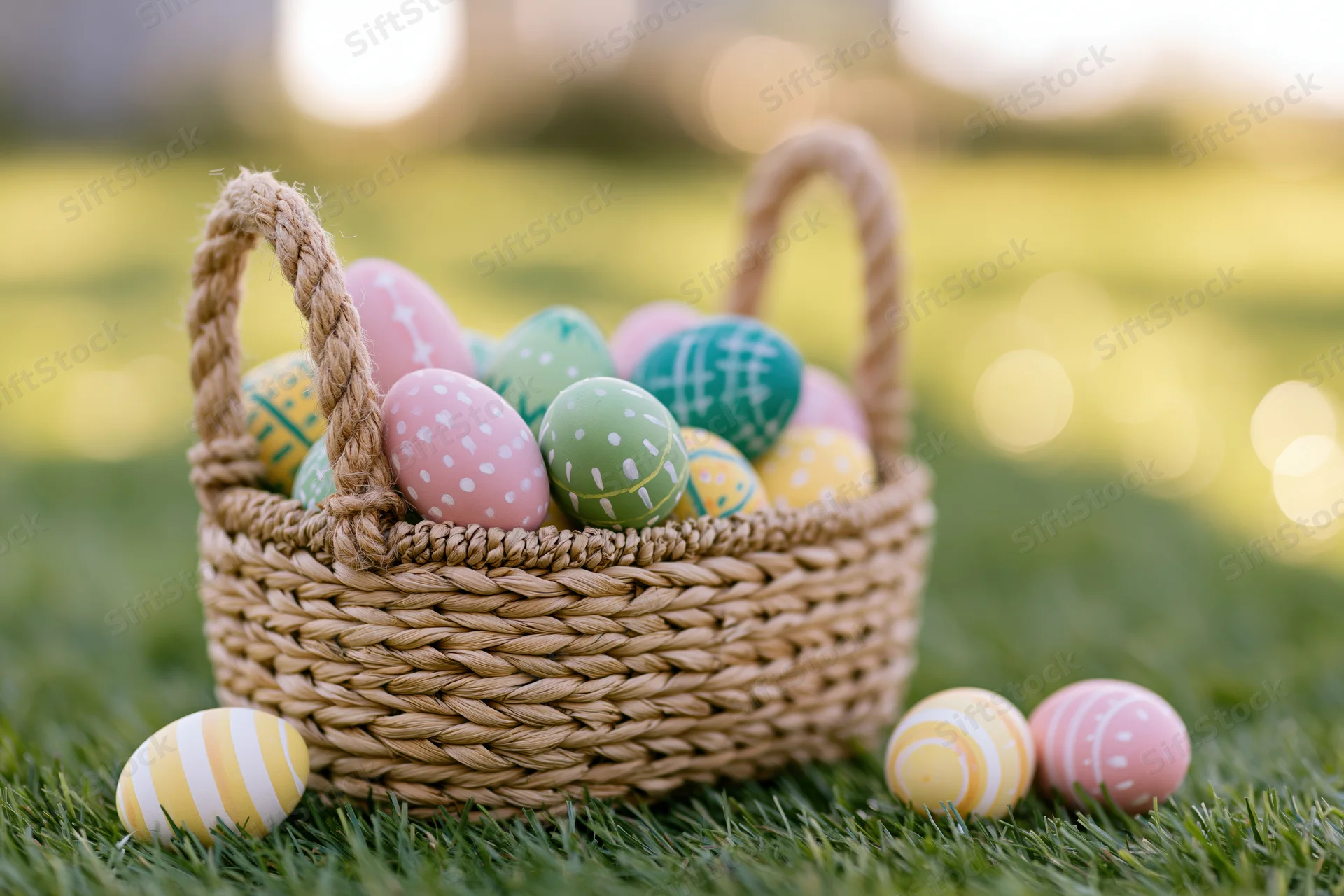 Woven straw basket filled with colorful painted easter eggs on green grass with bokeh background