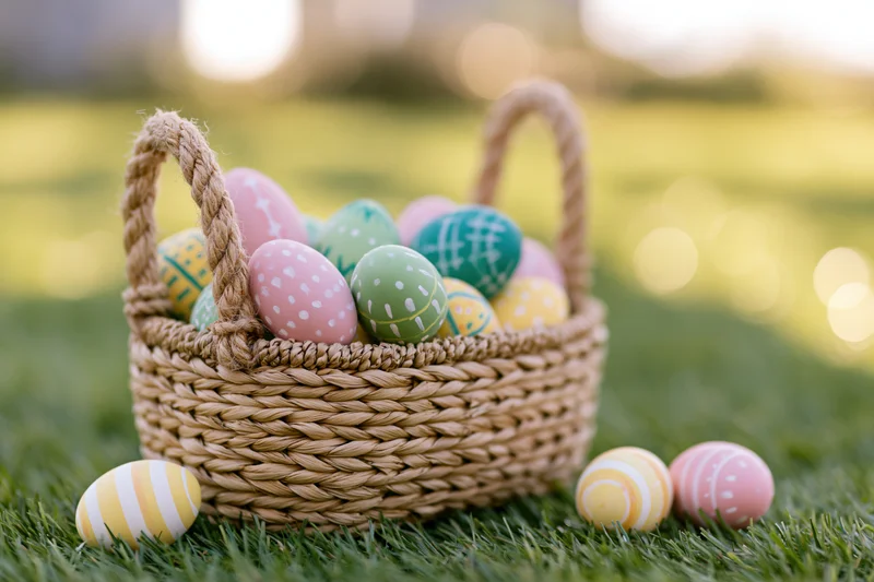 Woven straw basket filled with colorful painted easter eggs on green grass with bokeh background
