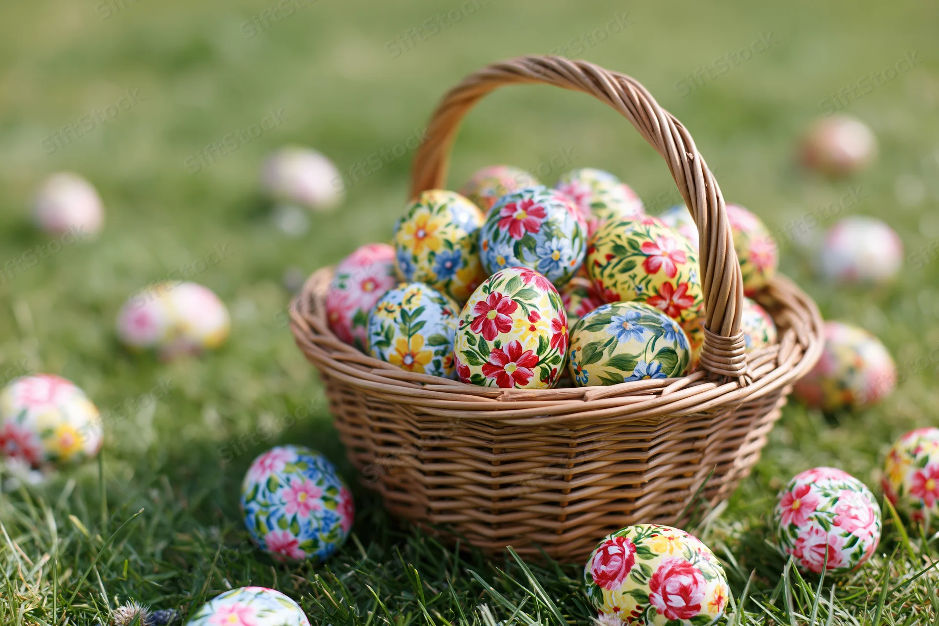 Wicker basket filled with hand-painted floral easter eggs on green grass