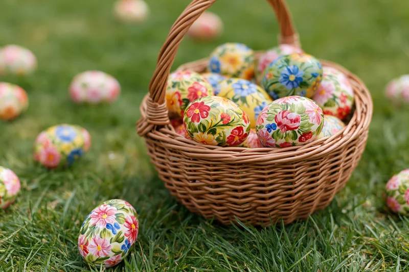 Woven wicker basket filled with hand-painted floral easter eggs on green grass with scattered eggs around