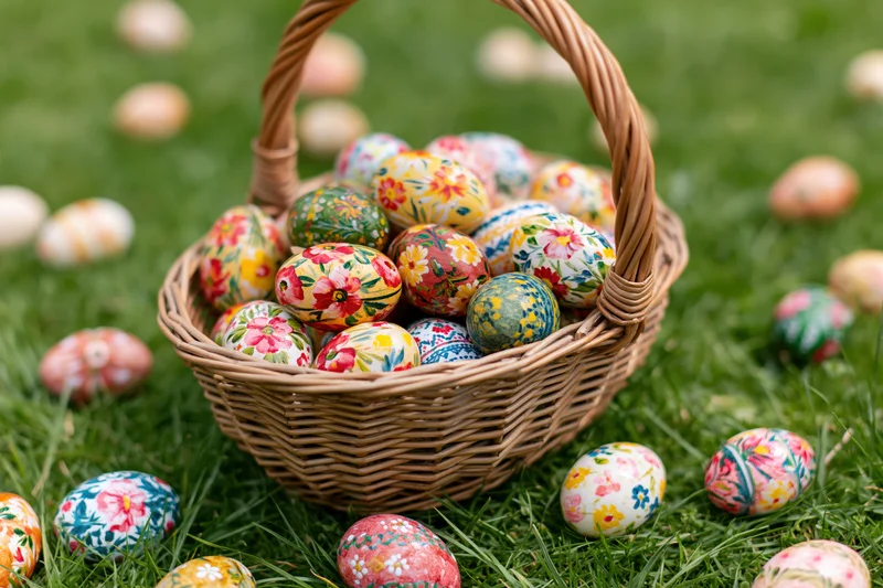 Woven wicker basket filled with hand-painted floral easter eggs on green grass with scattered eggs around