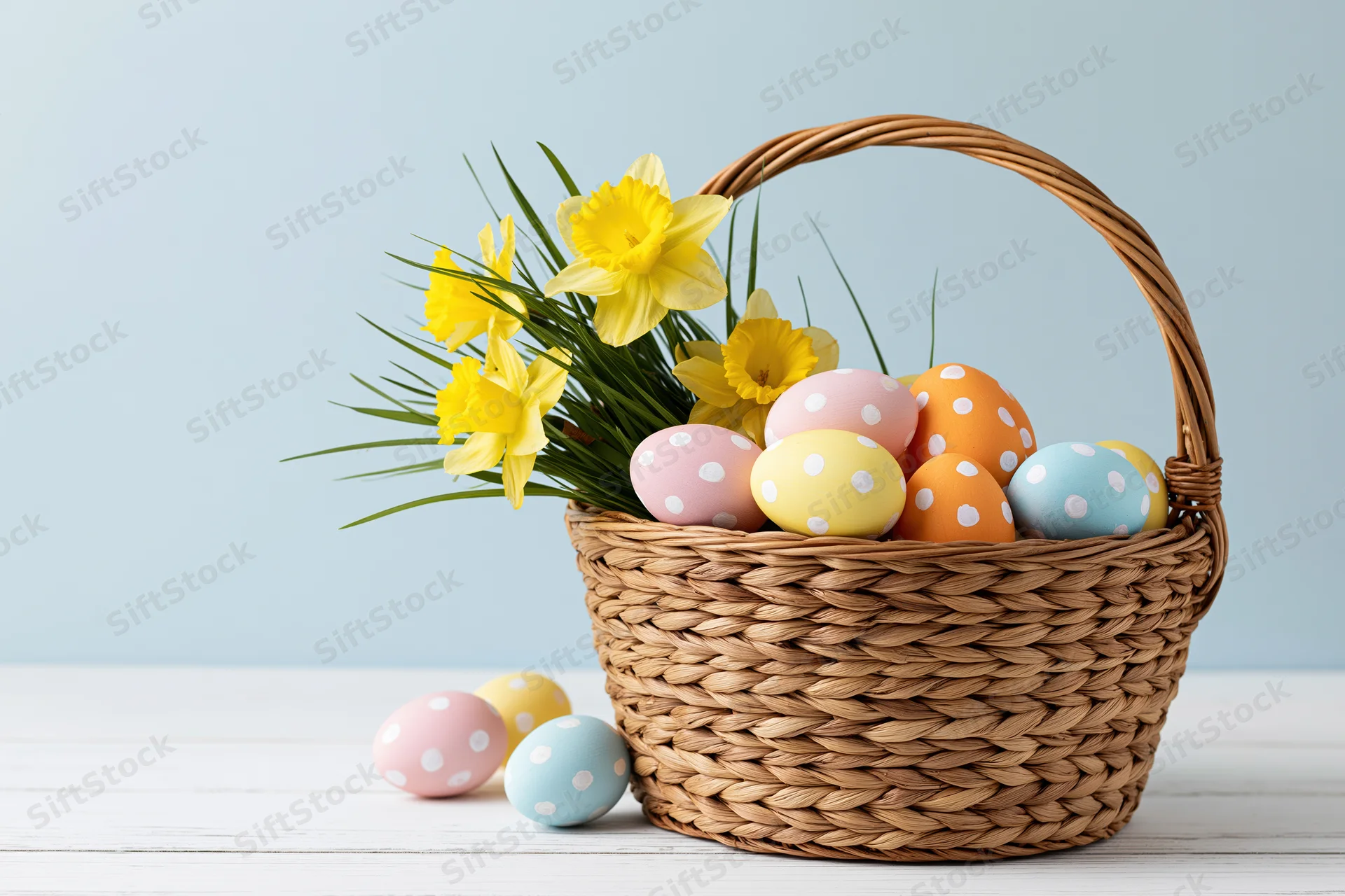 Wicker basket filled with pastel polka-dotted easter eggs and yellow daffodils on a white wooden table