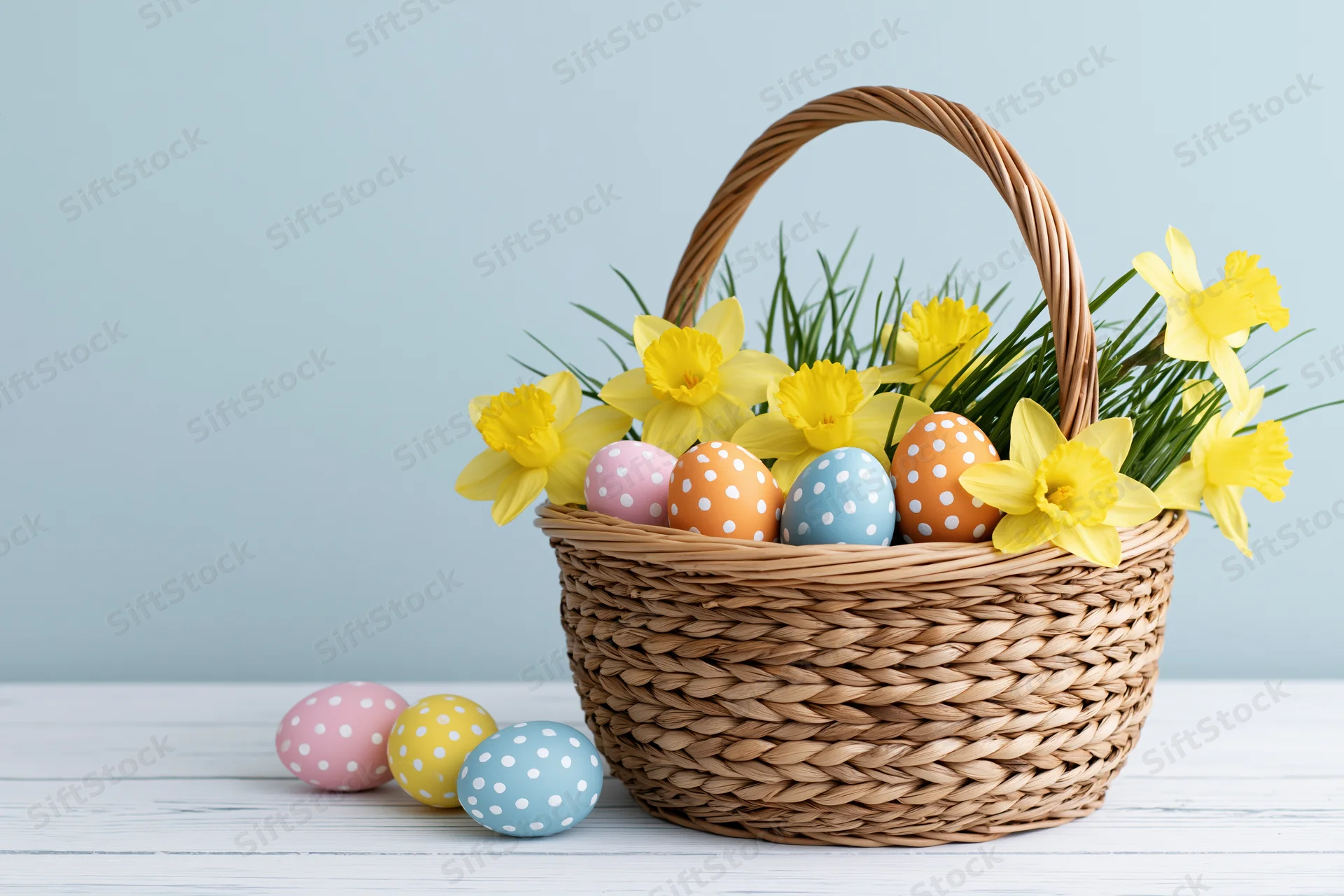 Wicker basket filled with pastel polka-dotted easter eggs and yellow daffodils on a white wooden table