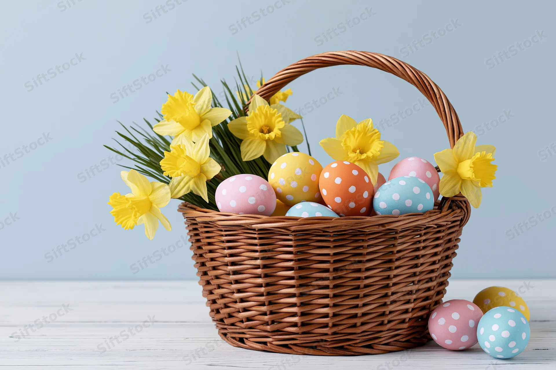 Wicker basket filled with pastel polka-dotted easter eggs and yellow daffodils on a wooden table