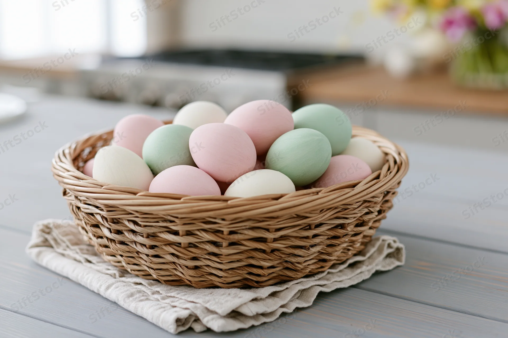 Wicker basket filled with pastel-painted easter eggs on a kitchen table