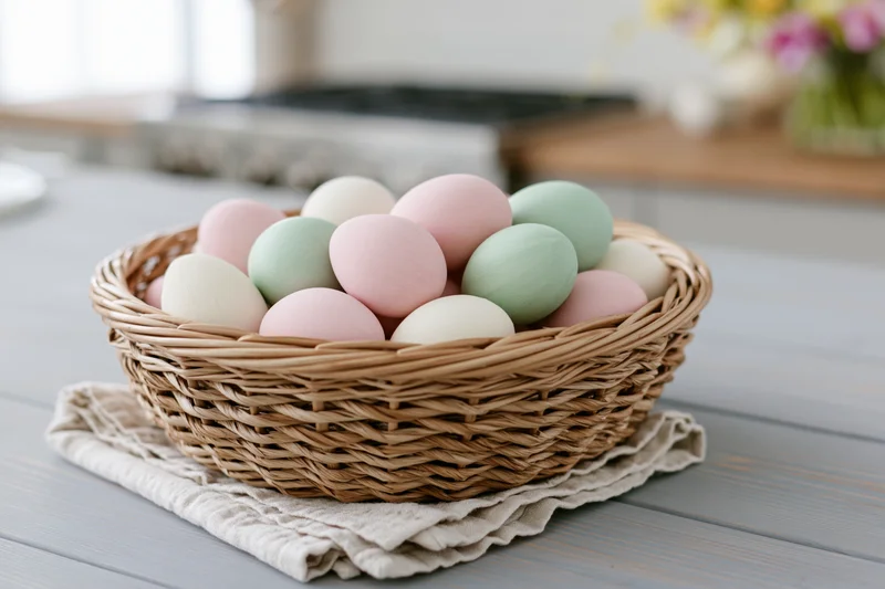 Wicker basket filled with pastel-painted easter eggs on a kitchen table