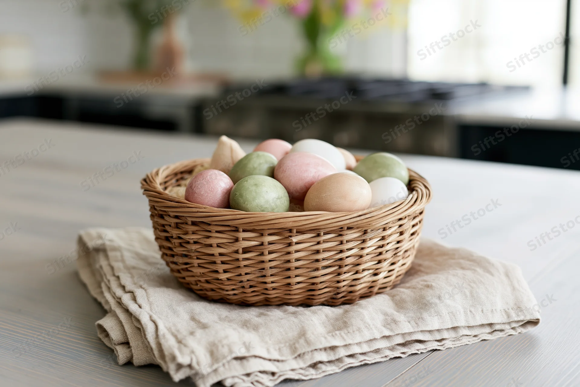 Wicker basket filled with pastel-painted easter eggs on a kitchen table covered with a linen cloth