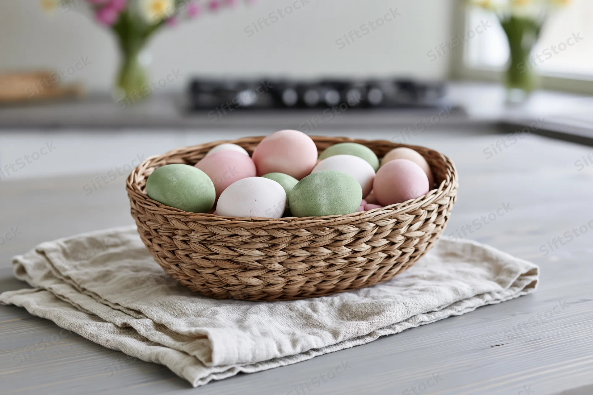 Pastel-painted easter eggs in a woven wicker basket on a kitchen table with a cloth napkin