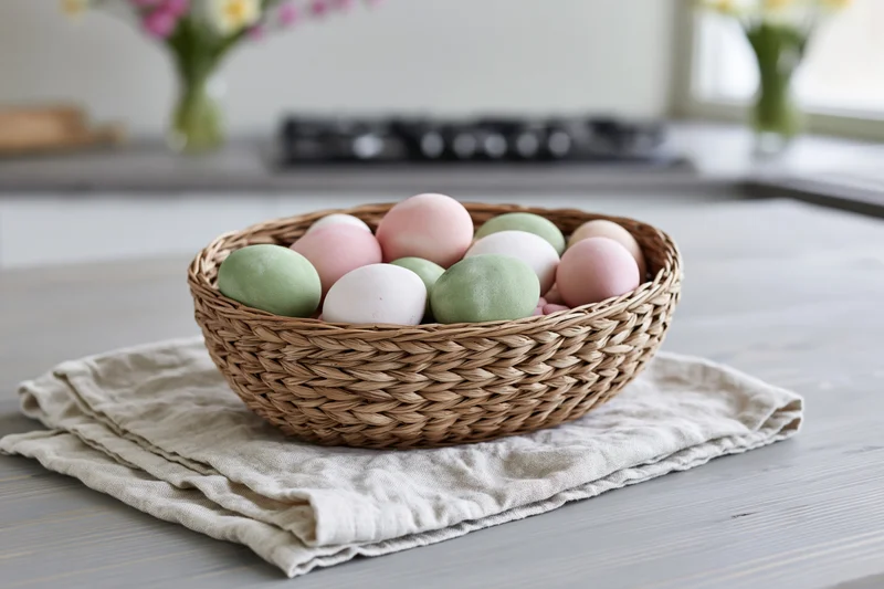 Pastel-painted easter eggs in a woven wicker basket on a kitchen table with a cloth napkin