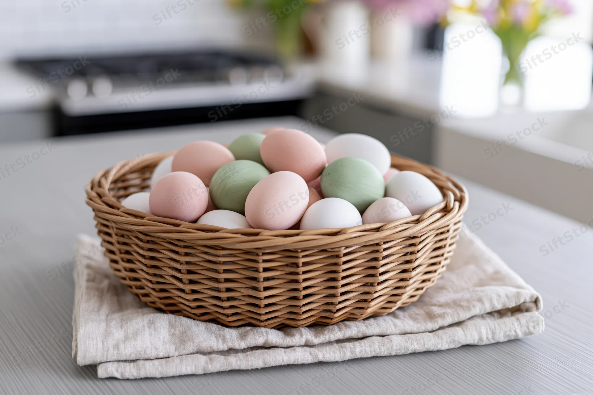 Wicker basket filled with pastel-painted easter eggs on a kitchen countertop resting on a folded linen cloth