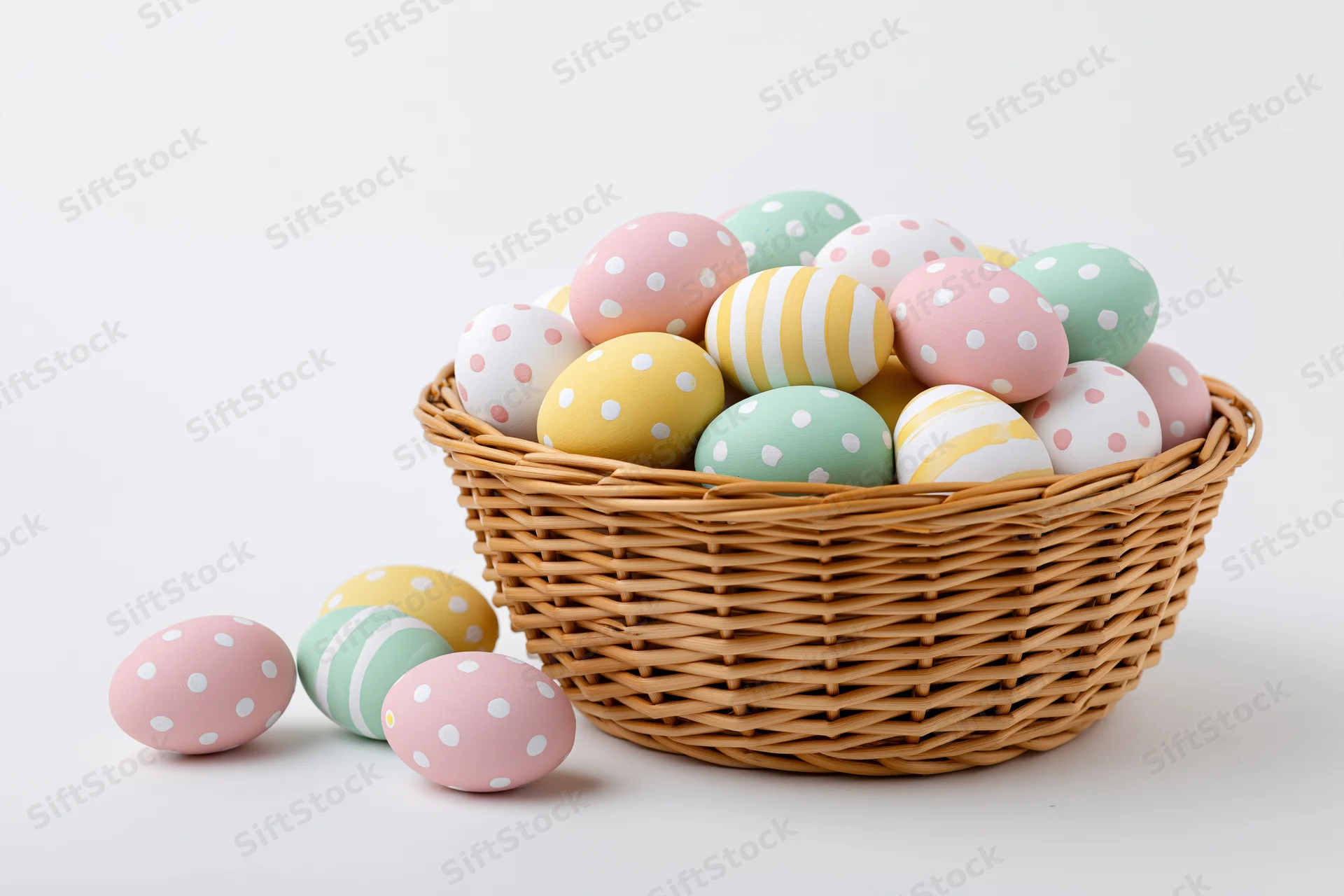 Wicker basket filled with pastel-painted easter eggs arranged on white surface with few scattered beside it
