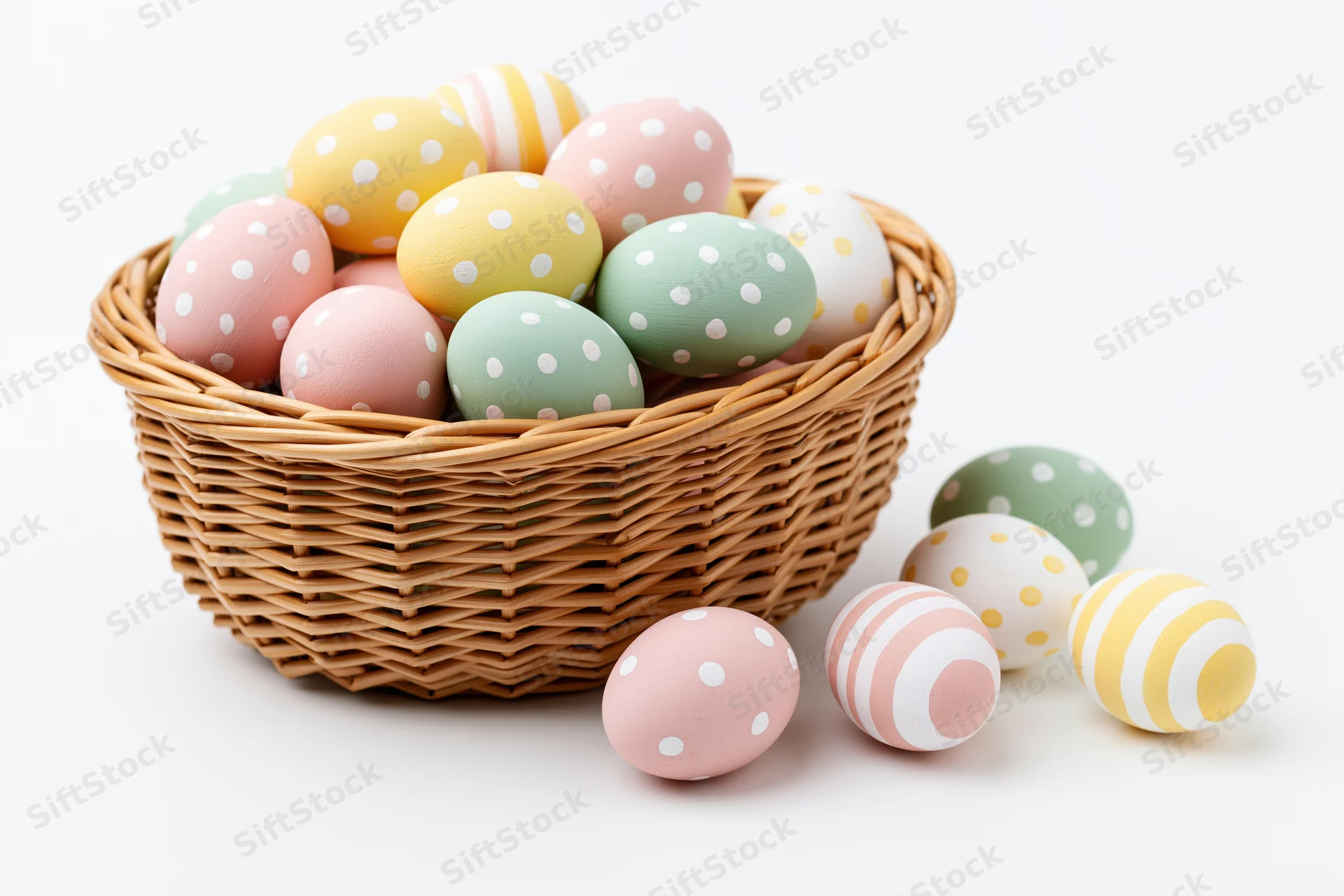 Woven wicker basket filled with pastel-painted easter eggs arranged on white surface with some eggs scattered beside it