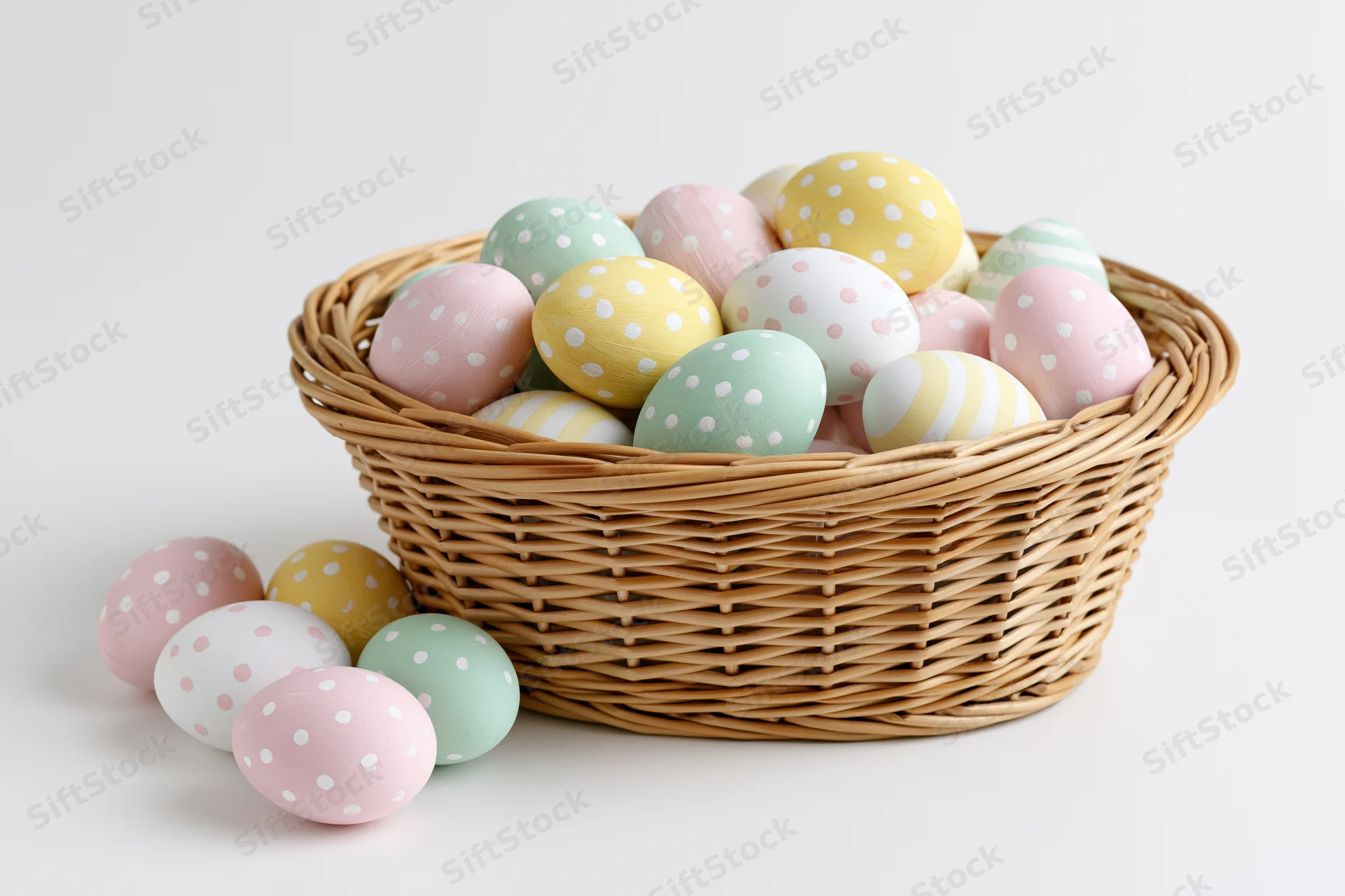 Wicker basket filled with pastel-painted easter eggs arranged on white surface with scattered eggs beside it