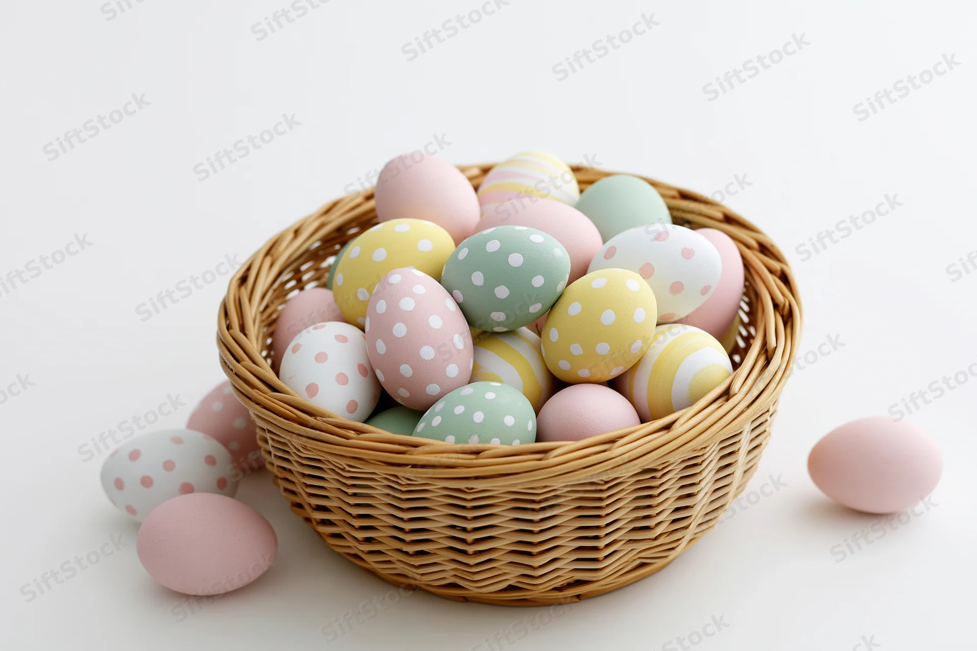 Woven wicker basket filled with pastel-painted easter eggs arranged on white surface with scattered eggs nearby