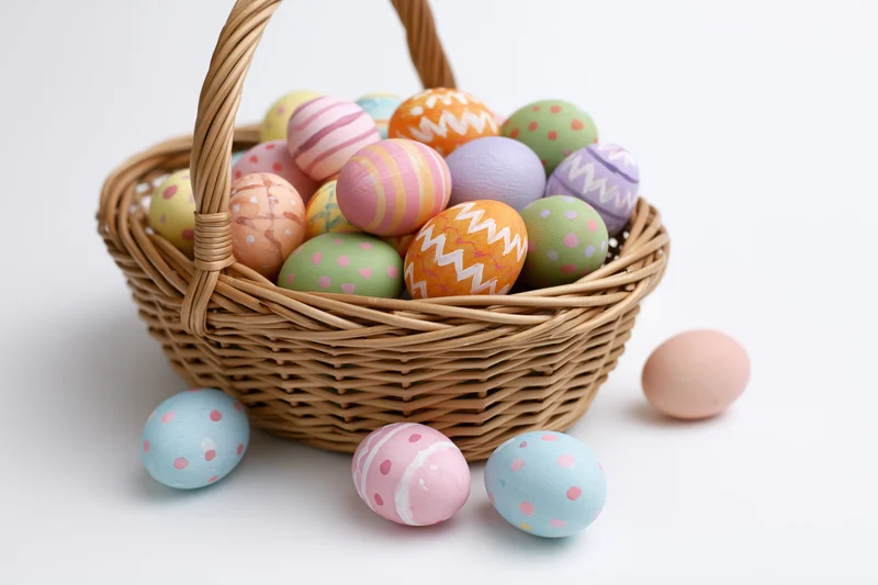 Woven wicker basket overflowing with hand-painted easter eggs on white background