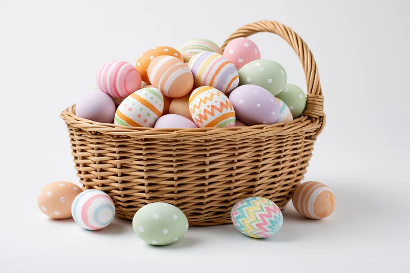 Woven wicker basket overflowing with hand-painted easter eggs on white background