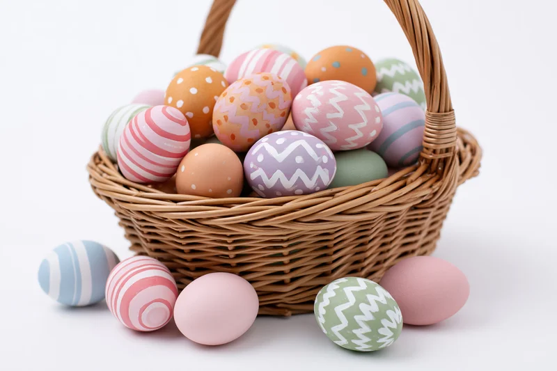 Woven wicker basket overflowing with hand-painted easter eggs on white background