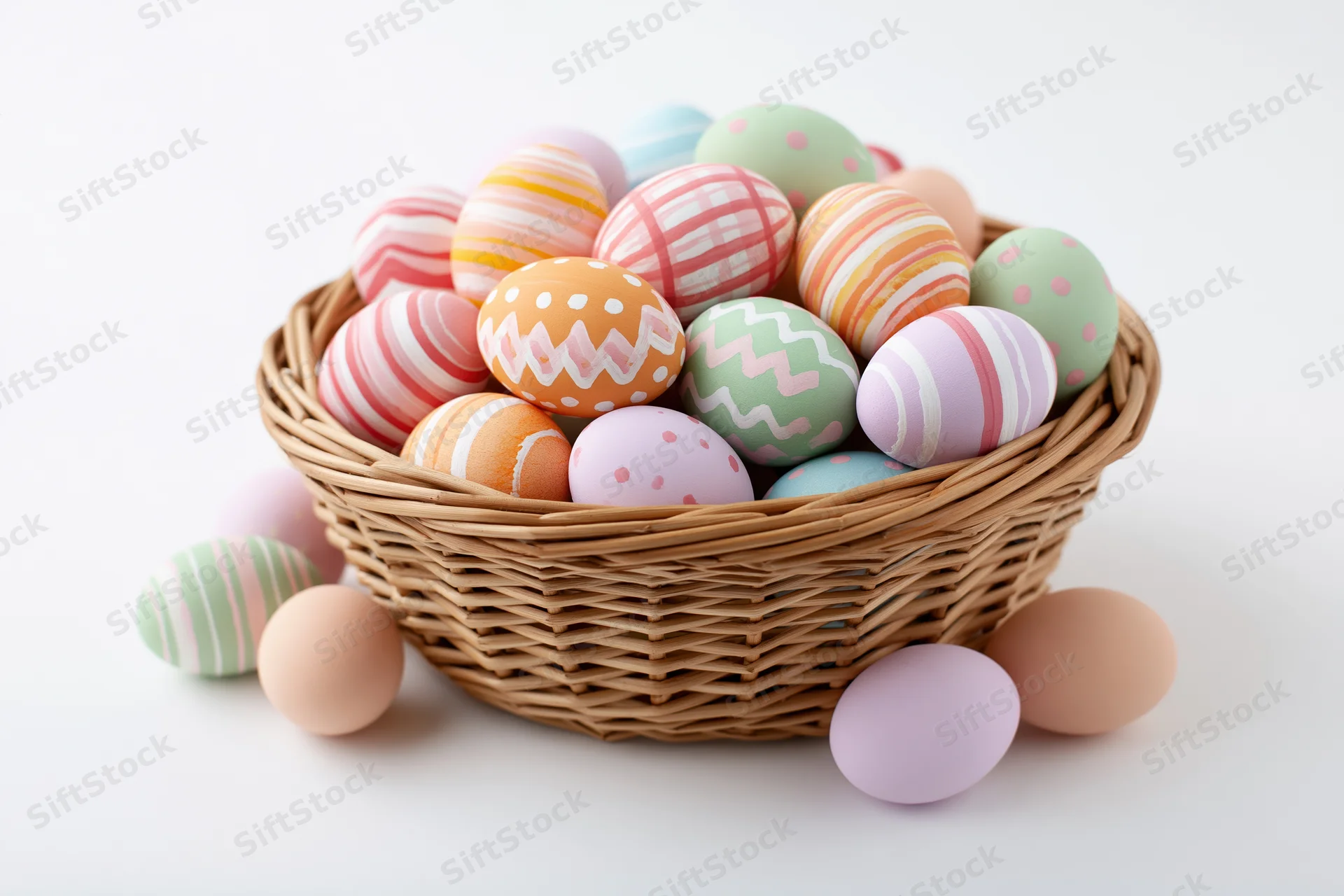 Woven wicker basket overflowing with hand-painted easter eggs on white background