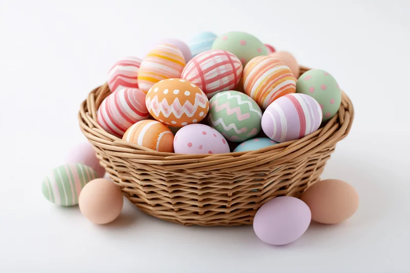 Woven wicker basket overflowing with hand-painted easter eggs on white background