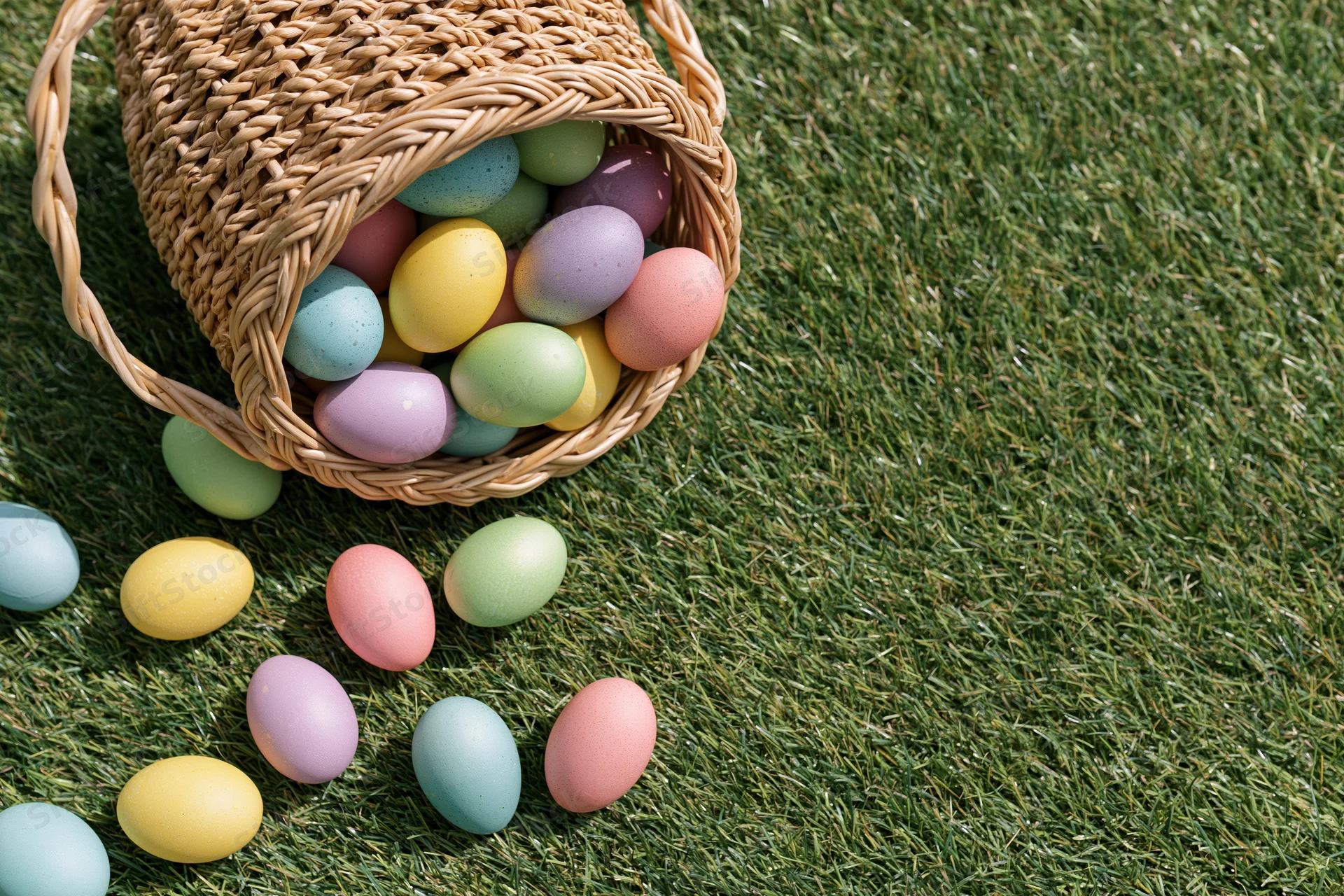 Tipped wicker basket spilling colorful easter eggs onto green grass