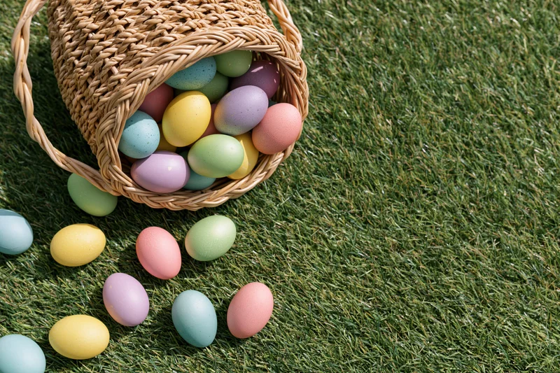 Tipped wicker basket spilling colorful easter eggs onto green grass