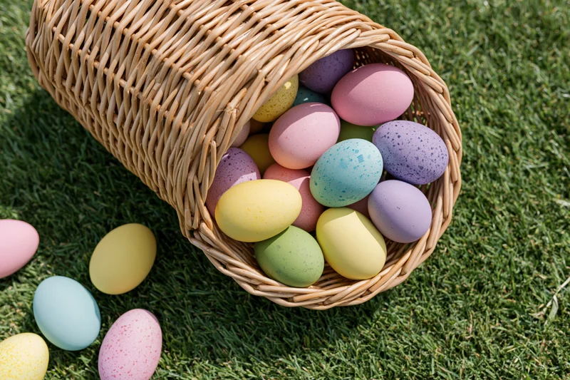 Tipped wicker basket spilling colorful dyed eggs onto green grass