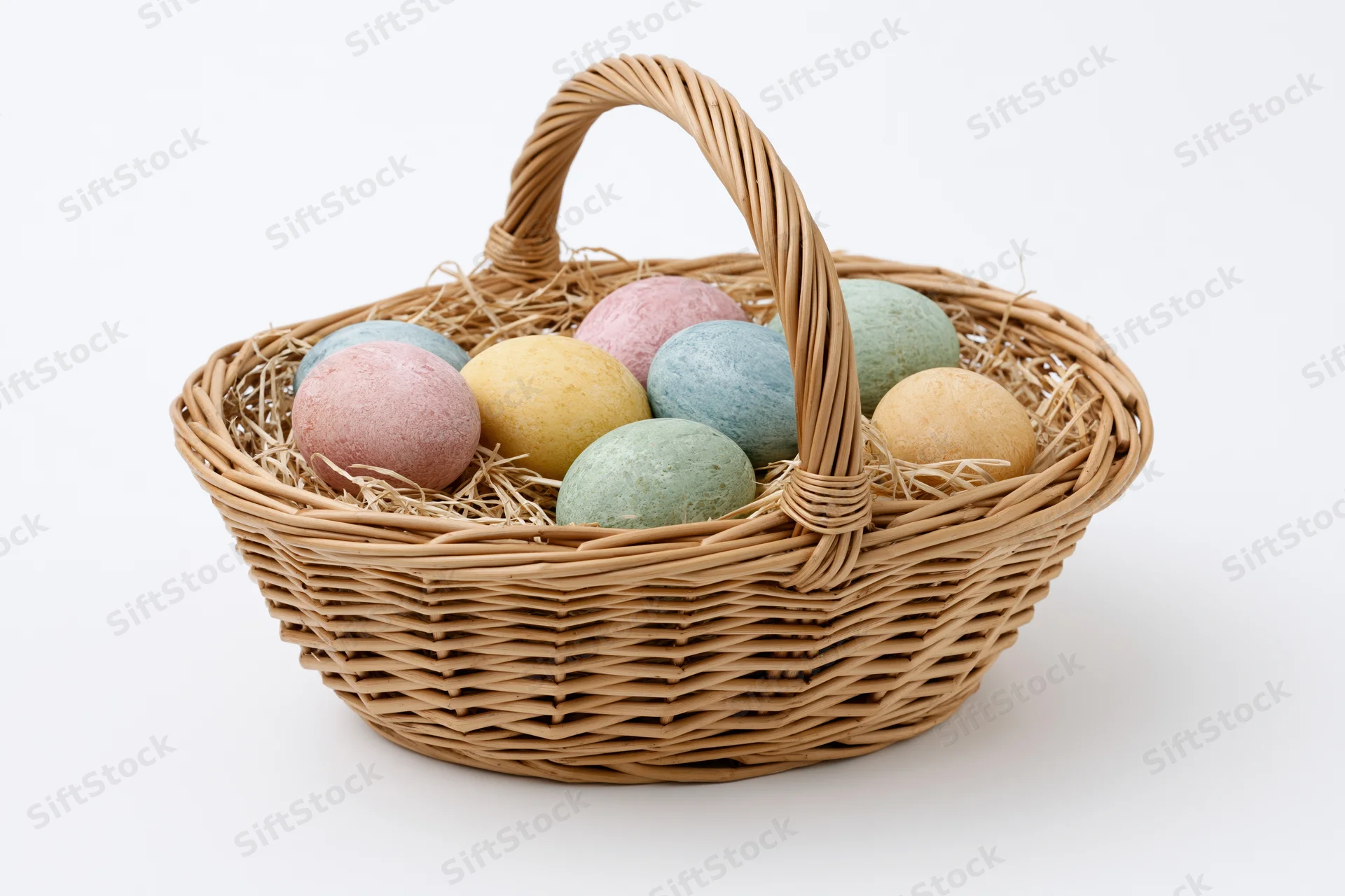 Woven wicker basket with looped handle holding pastel-colored eggs nestled in straw on white background