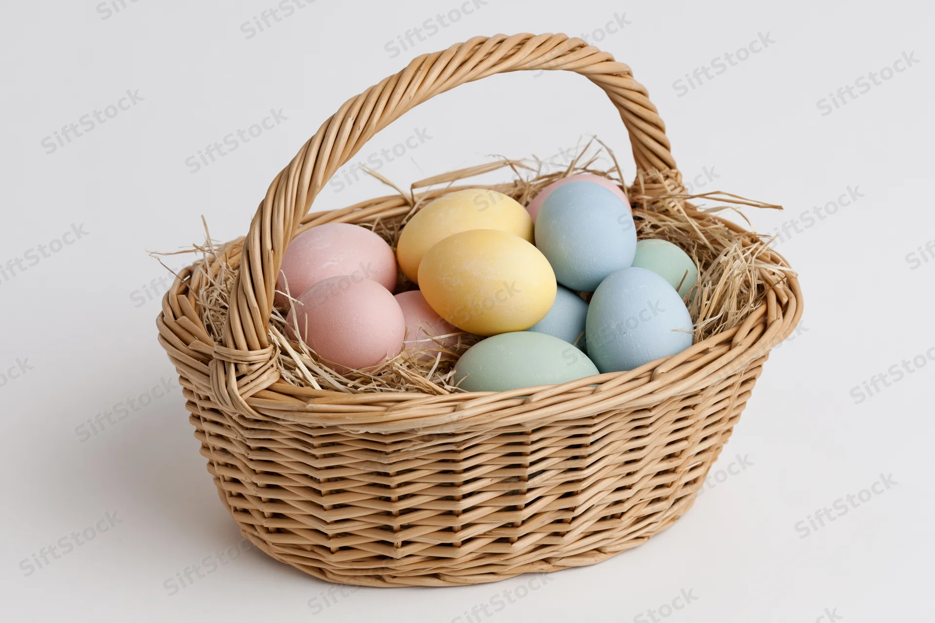 Woven wicker basket with looped handle filled with pastel-colored eggs nestled in straw on white background