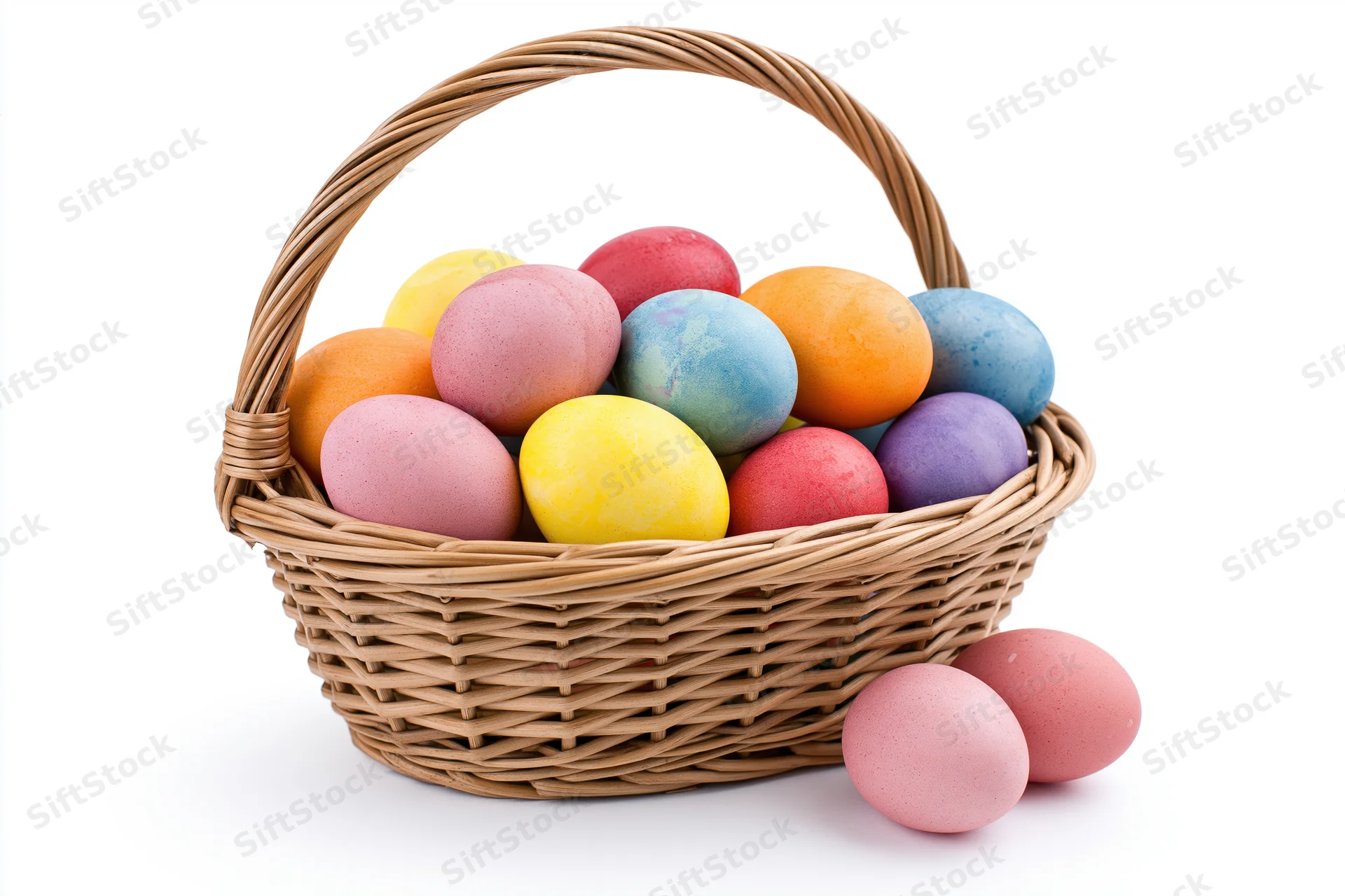Woven wicker basket filled with colorful painted eggs on white background