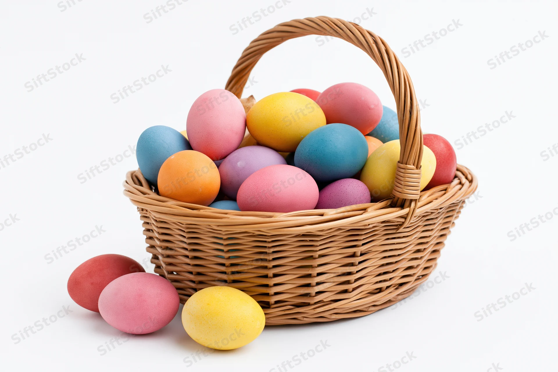 Woven wicker basket filled with colorful dyed eggs, some scattered beside it on white background