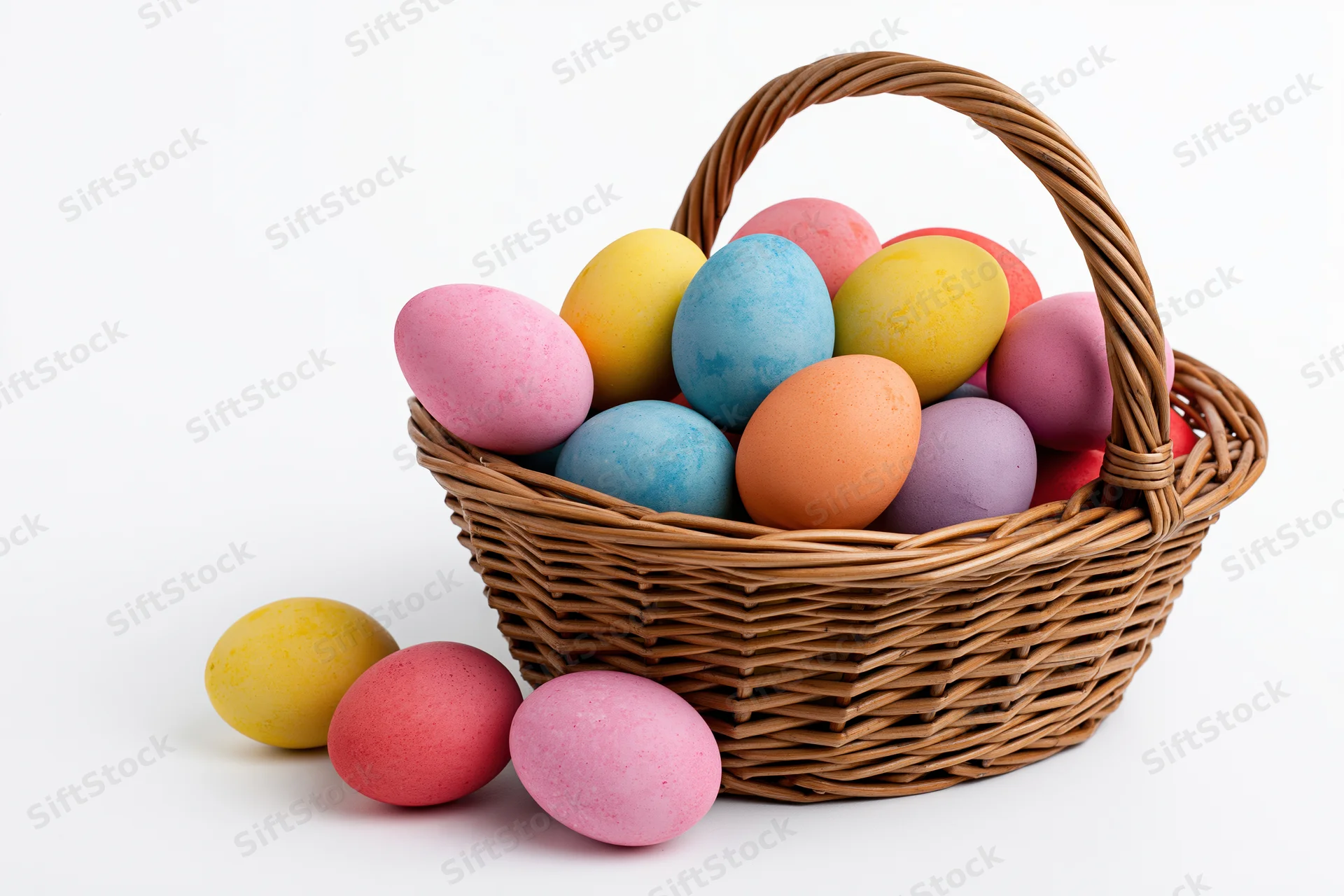 Woven wicker basket with arched handle filled with colorful dyed eggs, some spilled beside it on white background
