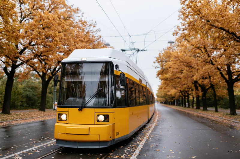 Yellow city tram moving along tree-lined boulevard in autumn