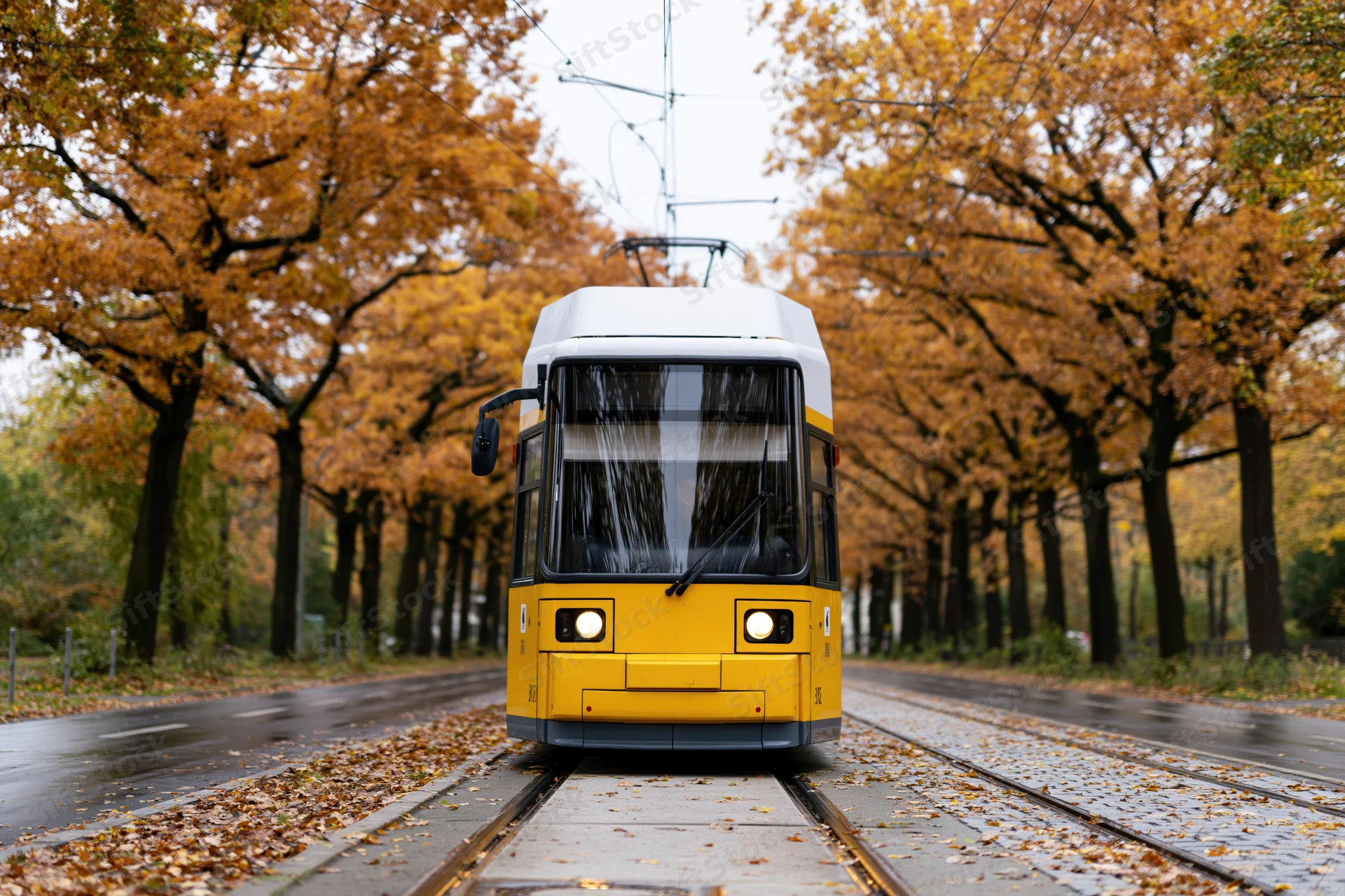 Yellow city tram moving along tree-lined boulevard in autumn with fallen leaves on wet pavement