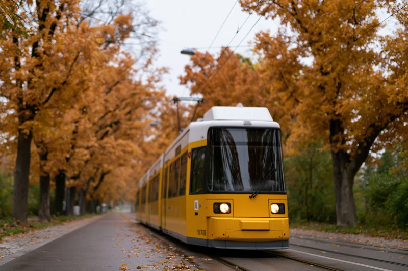 Yellow city tram moving along a tree-lined boulevard in autumn