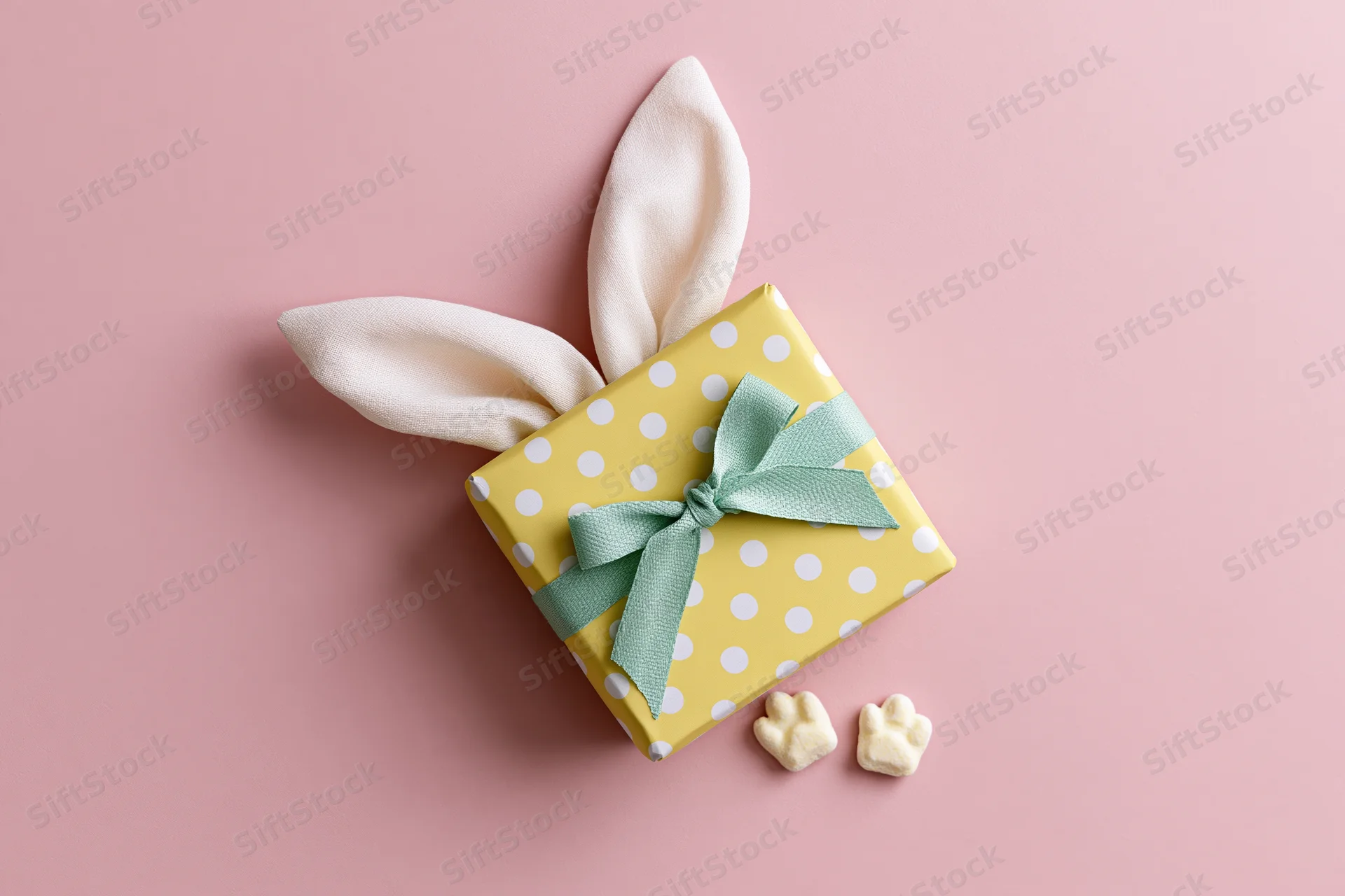 Yellow polka-dot gift box with white fabric bunny ears and mint green ribbon on pink background