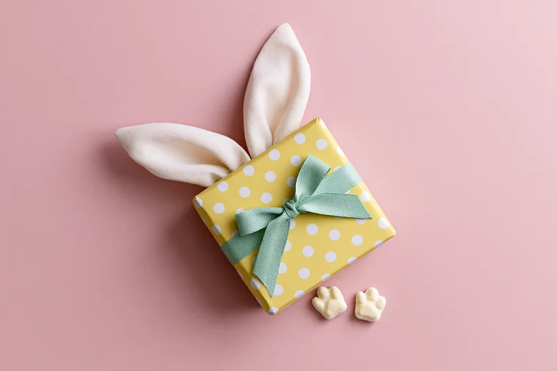 Yellow polka-dot gift box with white fabric bunny ears and mint green ribbon on pink background