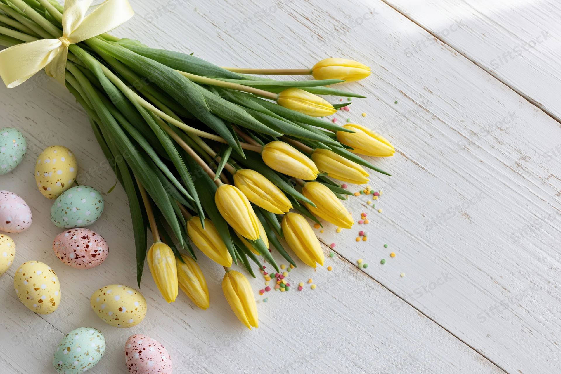 Yellow tulip bouquet tied with satin ribbon resting on white wooden table beside decorated easter eggs