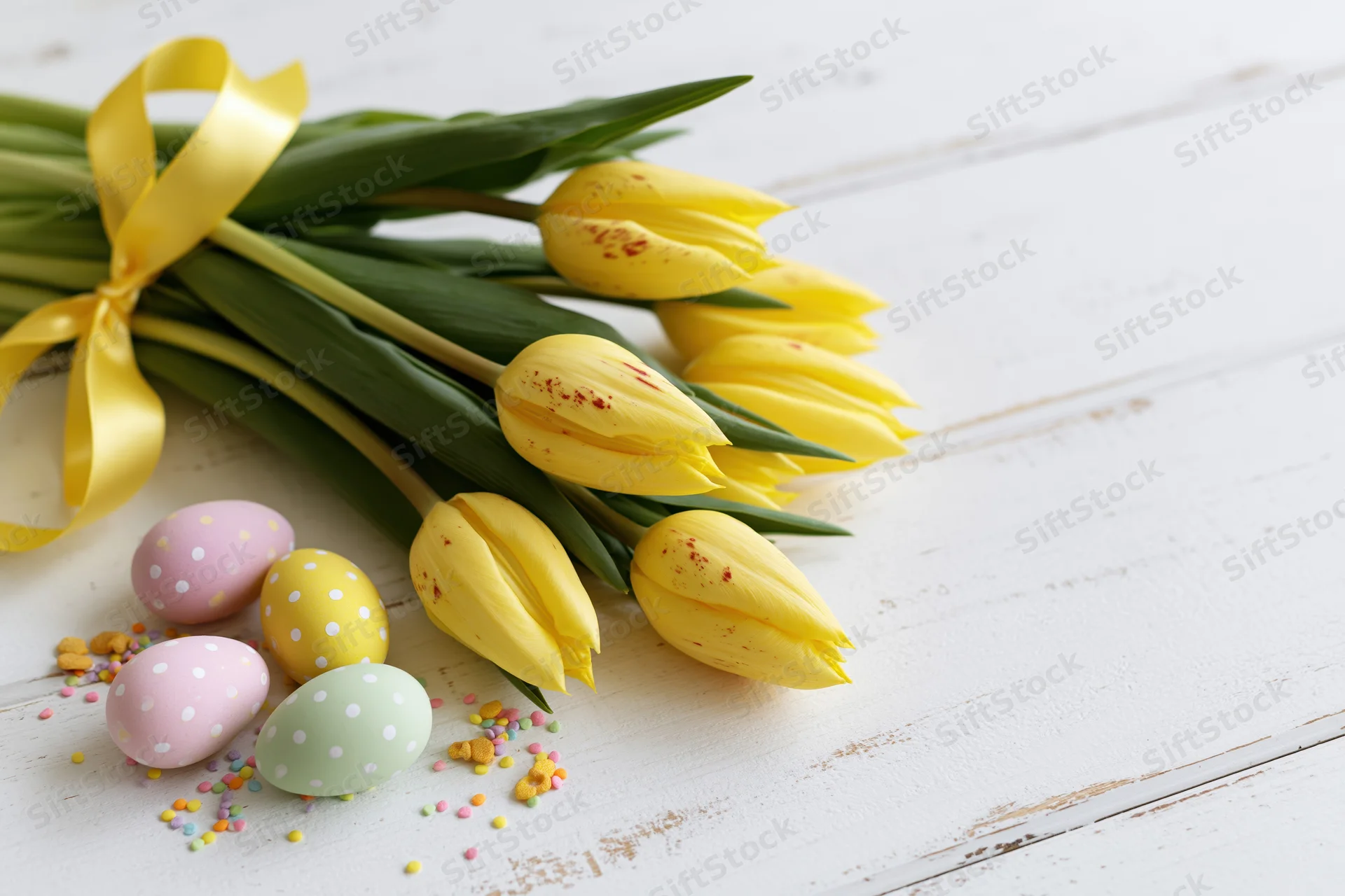 Yellow tulips tied with a satin ribbon arranged with decorated easter eggs on a white wooden table
