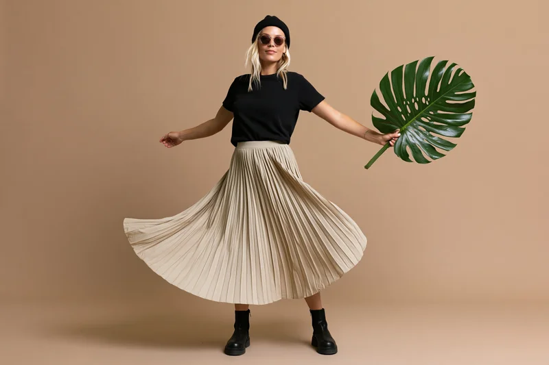Young blonde woman spinning in pleated skirt holding monstera leaf in studio