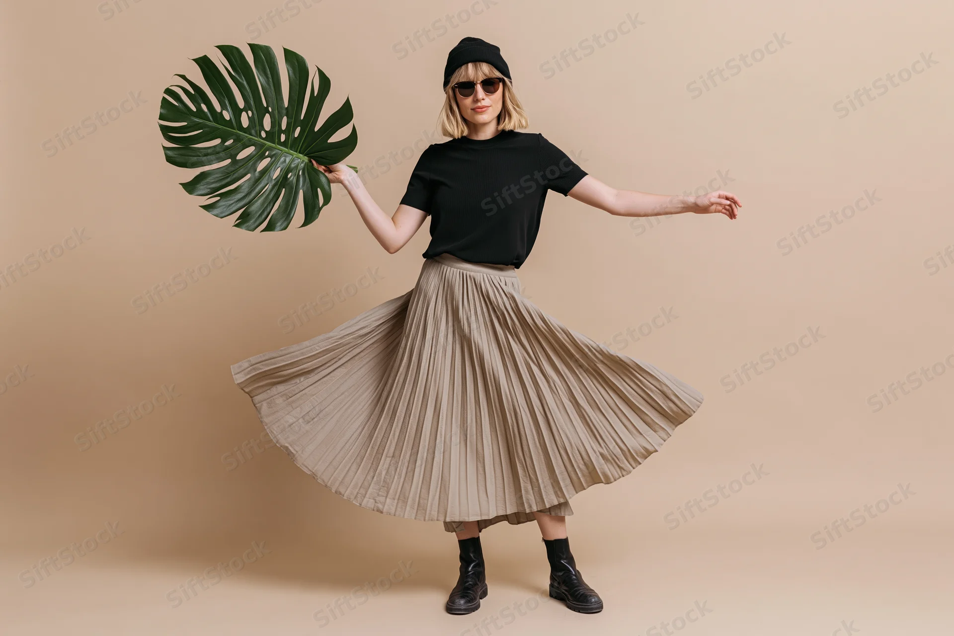 Young blonde woman spinning in pleated skirt holding large monstera leaf in studio