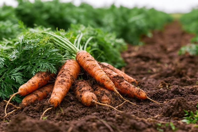 Freshly pulled carrots with green leafy tops resting on dark soil in a garden row