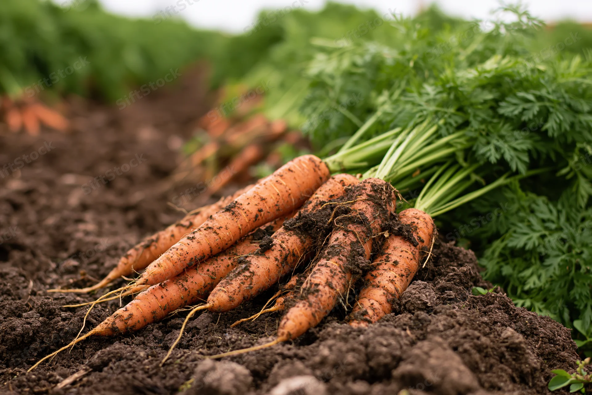 Freshly pulled carrots with green leafy tops resting on dark soil in a garden field