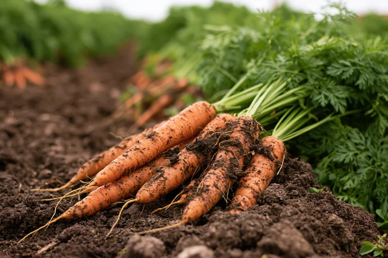 Freshly pulled carrots with green leafy tops resting on dark soil in a garden field