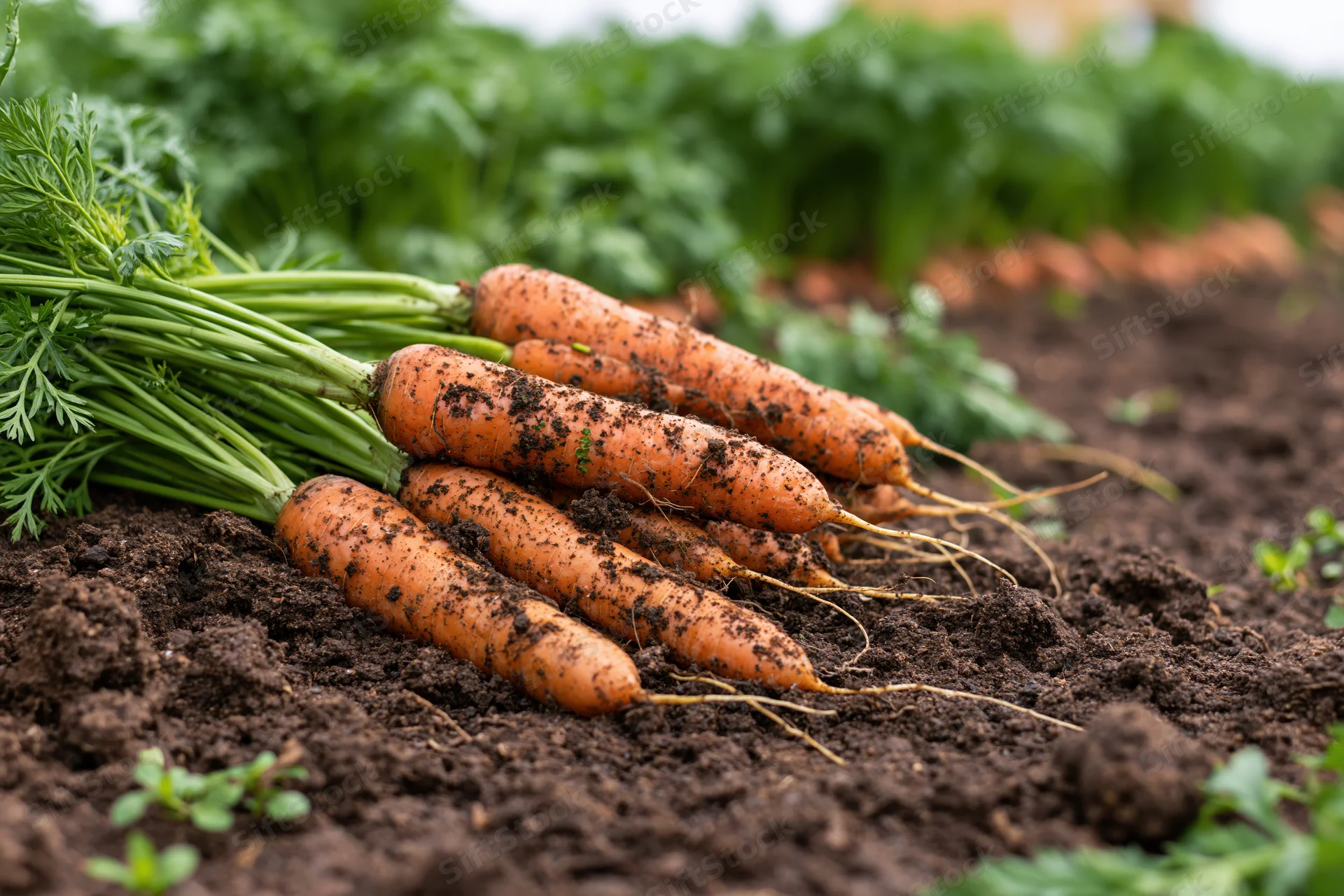 Freshly pulled carrots with green leafy tops resting on dark soil in a garden bed