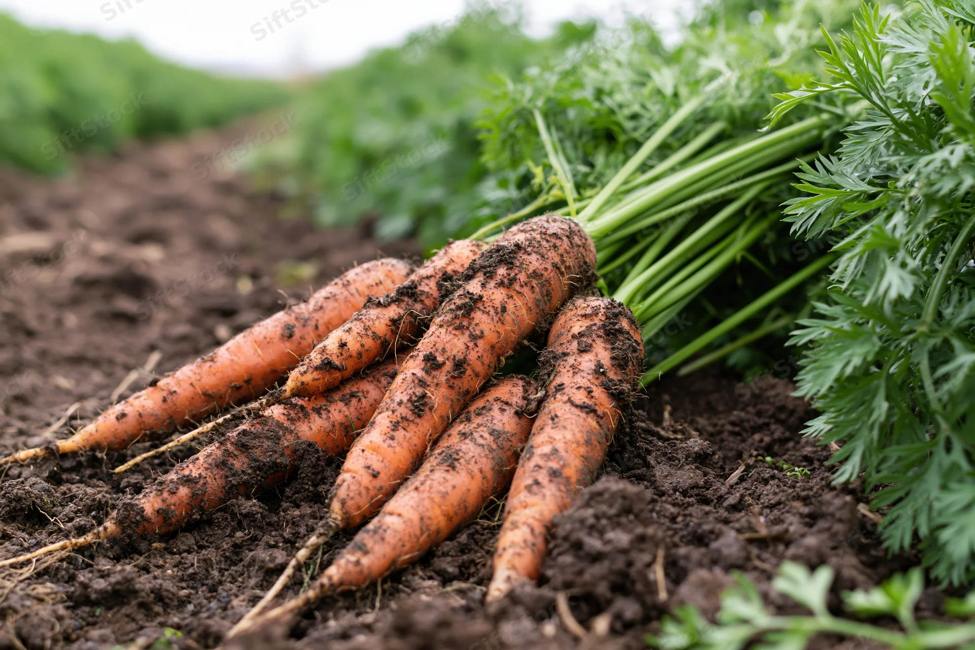 Freshly pulled carrots with green leafy tops resting on dark soil in a farm field